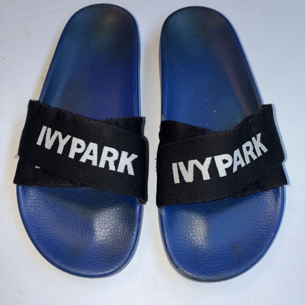 Ivy Park Logo Tape Slide Sandals Women Sodalite Blue Black Size 9.5 Us